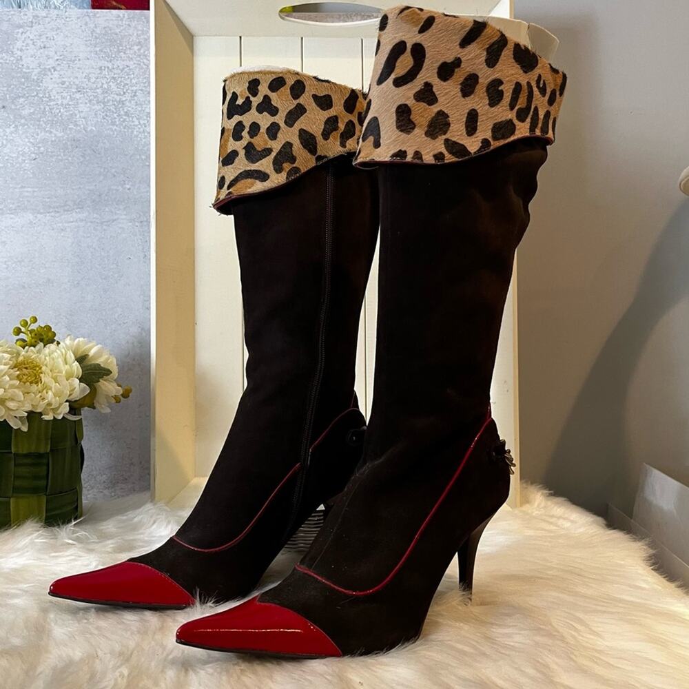 NEW NYLA Suede Leopard Hair Calf Ryba Classic High Heel Knee Boots Chocolate… - Picture 10 of 16